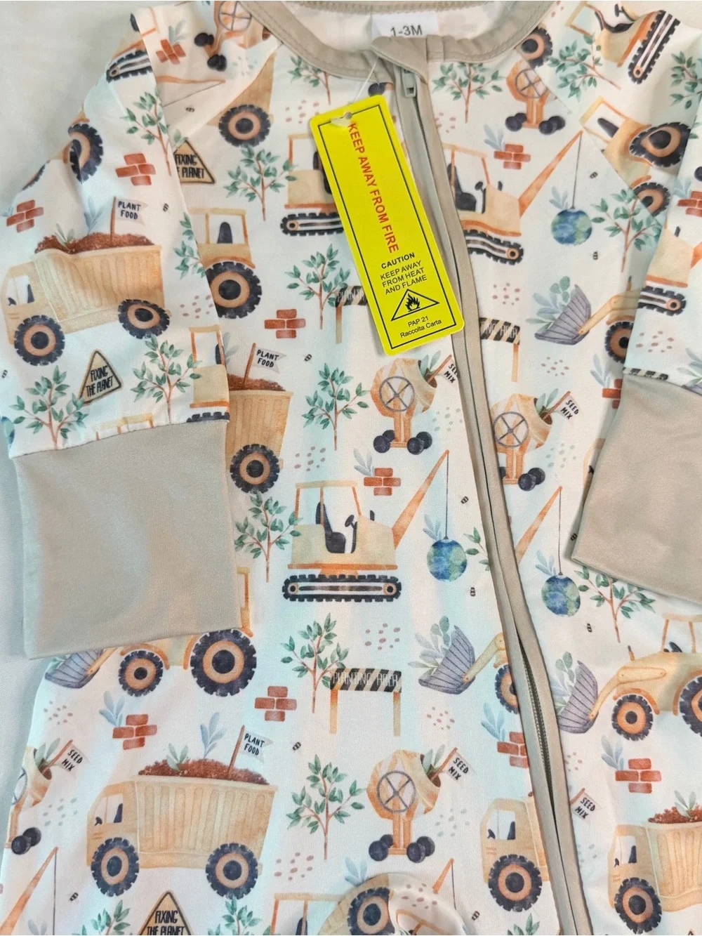 Baby Construction Bamboo Zip Romper 1-3M Excavator Truck Footless Sleeper NWT